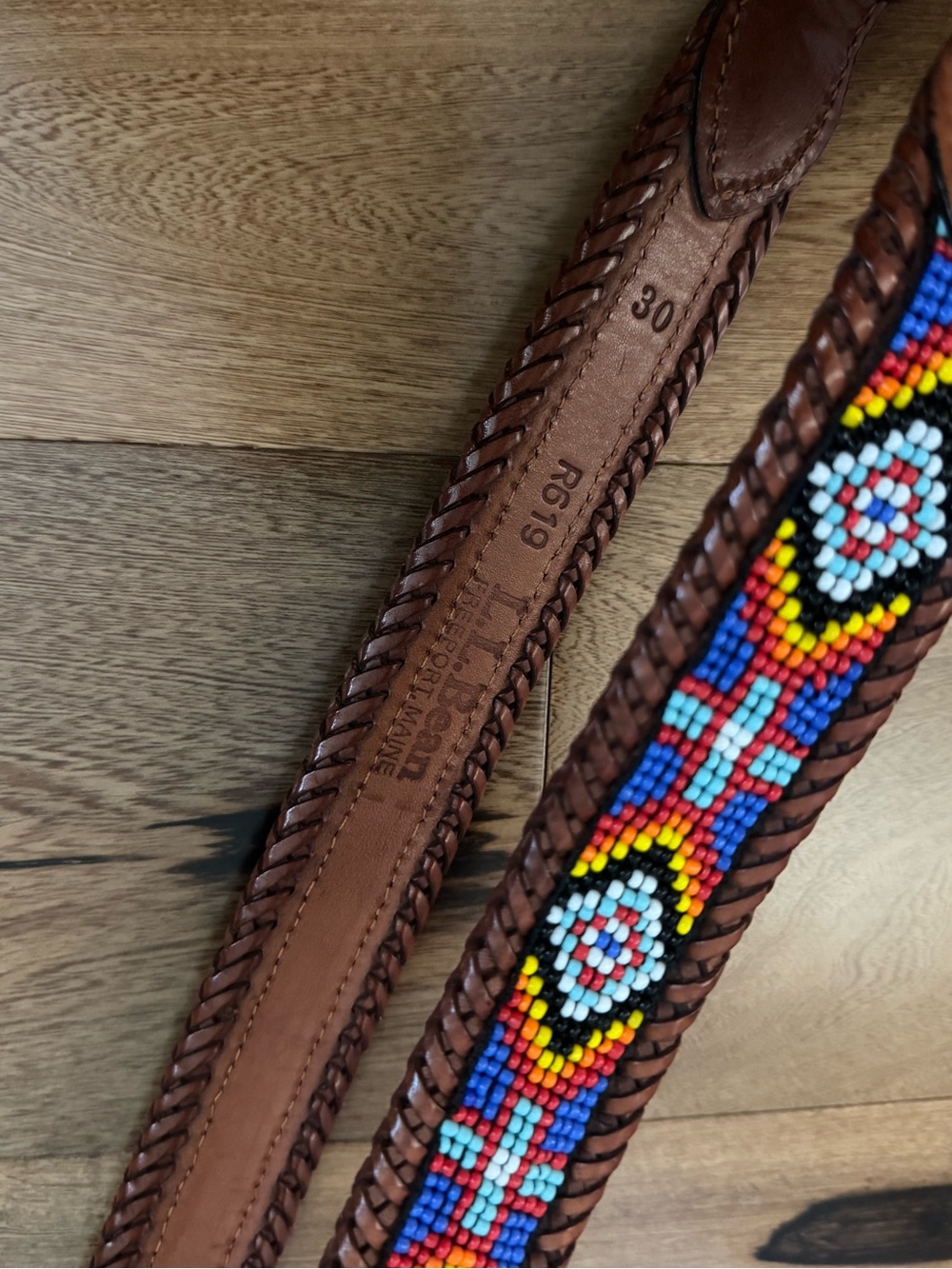 L.L. Bean Brown Leather Belt with Multicolor Beadwork